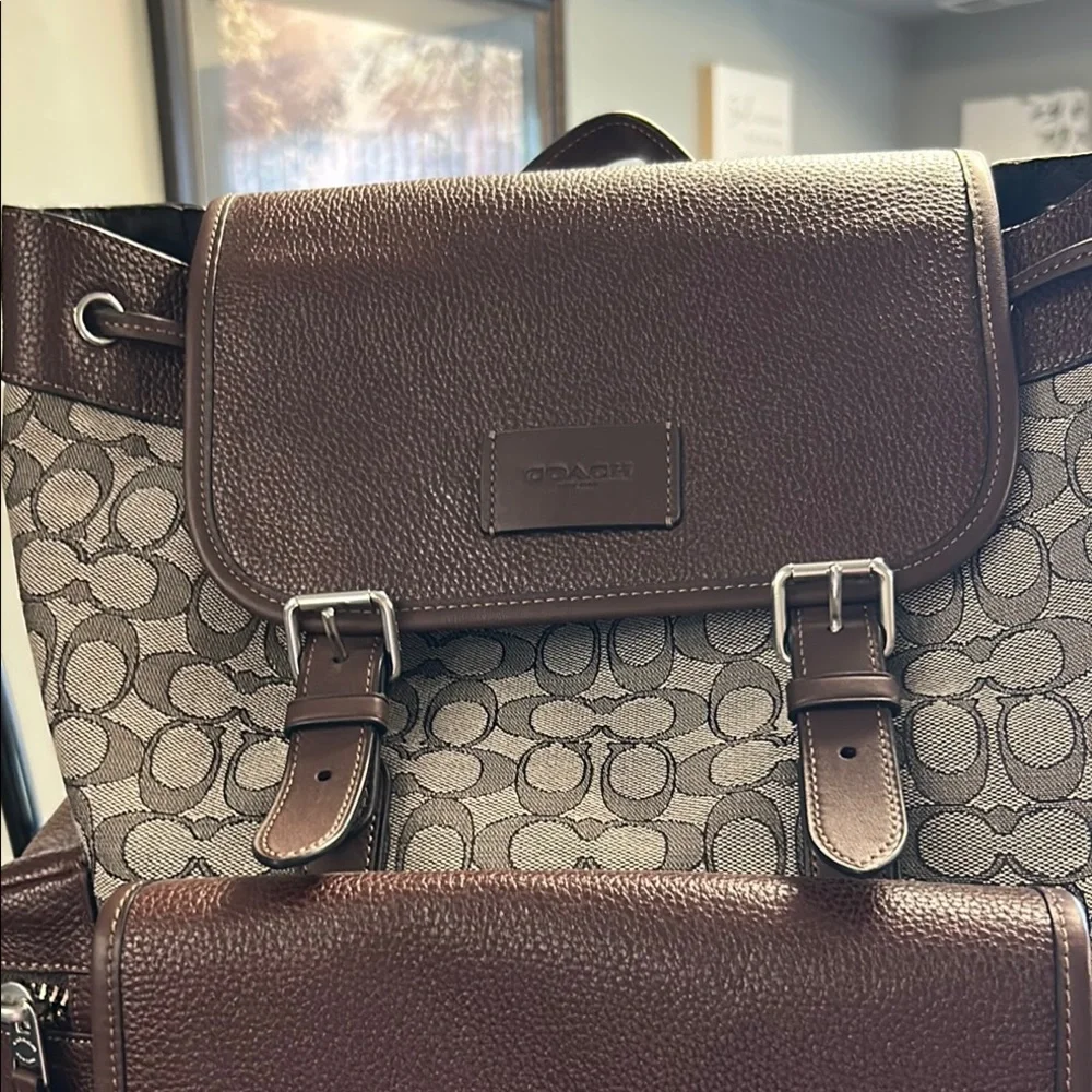 Coach Brown Signature Canvas & Leather Top-Load Backpack. 19” tall 15”wide